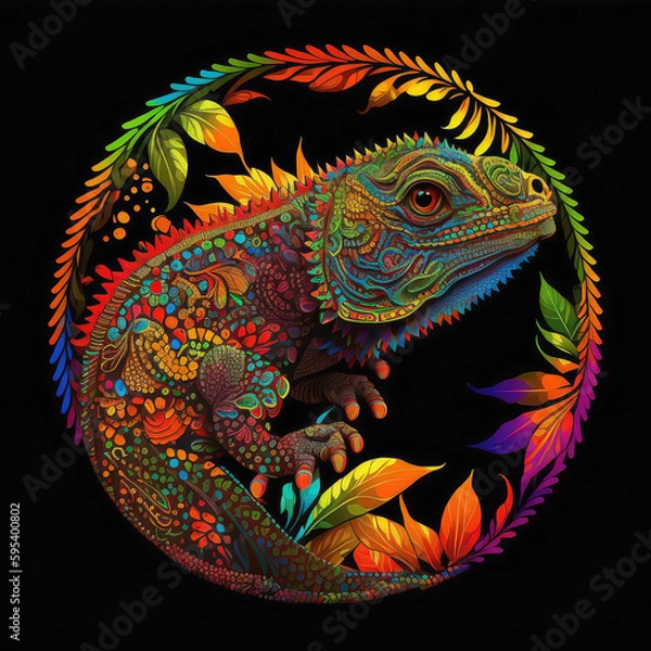 Fototapeta Colorful detailed iguana mandala art on a black background. Created with Generative AI technology.	