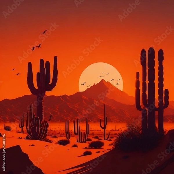 Fototapeta dessert with bright sun and cactus. old west style
