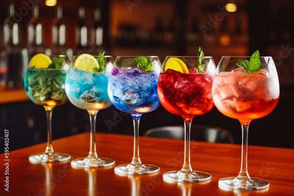 Fototapeta Five colorful gin tonic cocktails in wine glasses on bar. Social gathering party time concept. Generative AI.