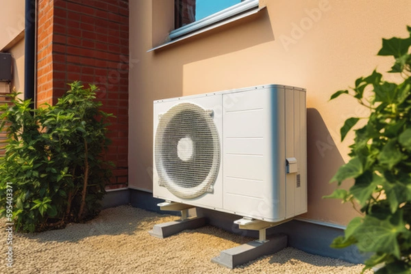 Fototapeta Modern new air heat pump on house roof. Sunset time closeup shot of new air heat pump. Generative AI.