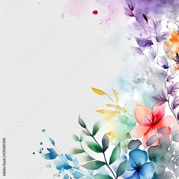 Fototapeta watercolor illustration of colorful  cherry blossom flowers in wide border - Generative AI 