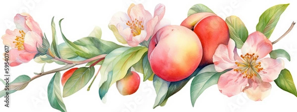 Fototapeta watercolor illustration of Peach colored flowers in wide border - Generative AI 