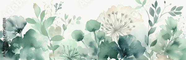 Fototapeta watercolor illustration of mint green flowers in wide border - Generative AI 