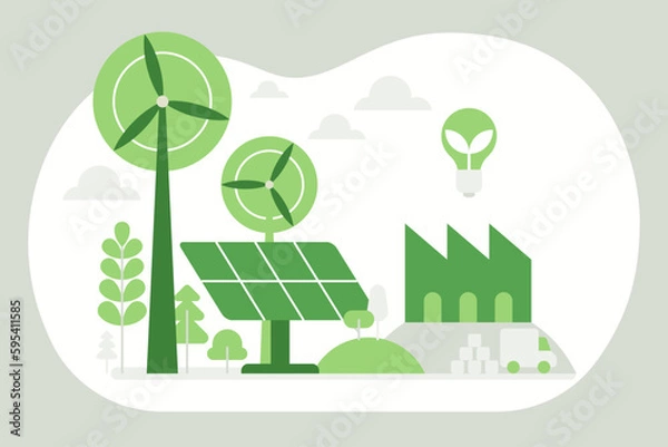 Fototapeta Green economy and renewable energy concept in flat vector illustration. Solar electric panels and wind turbines. Sustainable power plants for clean earth environment