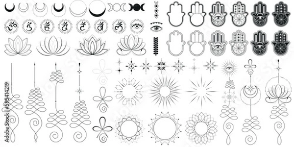Obraz Mystical symbols of moon lotus chakras hamsa and unalome