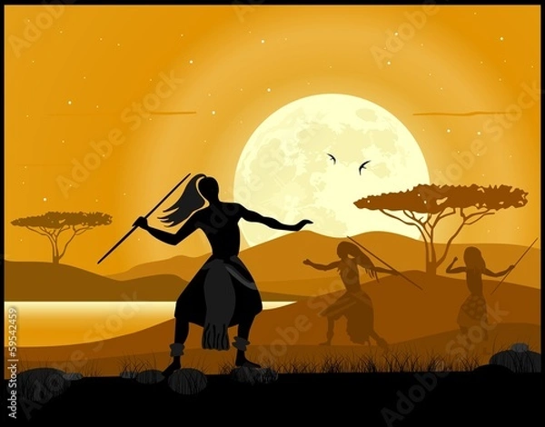 Obraz Africa landscape background. African hunters and moon rise
