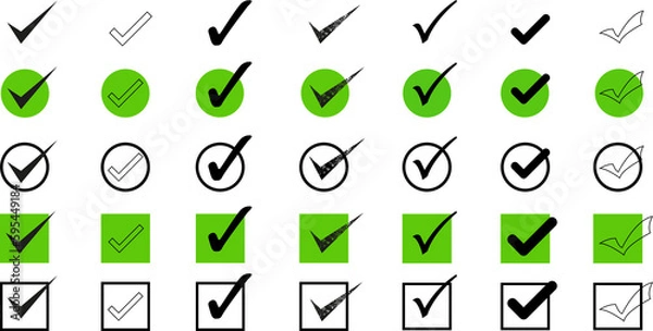 Fototapeta Green check mark and red cross icon set. Circle and square. Tick symbol in green color, vector illustration.