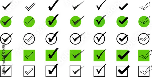 Fototapeta Green check mark and red cross icon set. Circle and square. Tick symbol in green color, vector illustration.