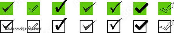 Fototapeta Green check mark and red cross icon set. Circle and square. Tick symbol in green color, vector illustration.