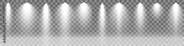 Fototapeta Scene illumination collection, transparent effects. Bright lighting with spotlights.Creative vector illustration of bright lighting spotlights set, light sources isolated on transparent background. Ar