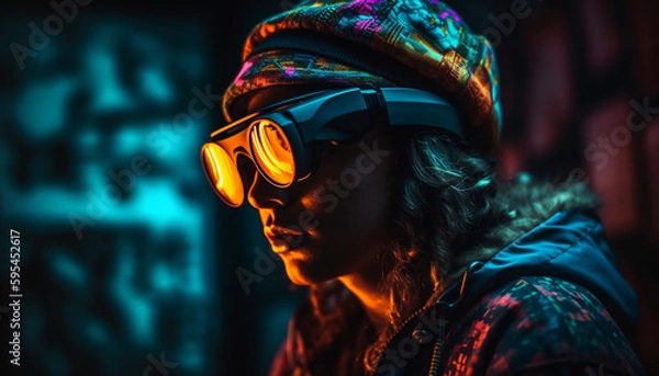 Fototapeta Young adults in the city, fashionable and illuminated generated by AI