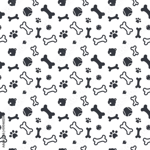 Fototapeta Seamless pattern cat, dog, paw footprint, and pet toy design background for wallpaper, wrapping, paper, and fabric. Vector illustration on isolated white background.