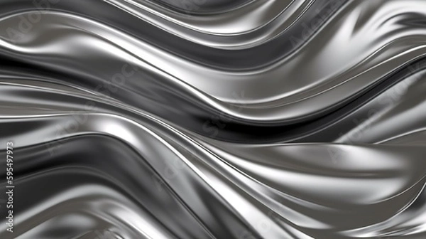 Fototapeta Silver chrome metal texture with waves, liquid silver metallic silk wavy design, 3D render illustration Generative AI