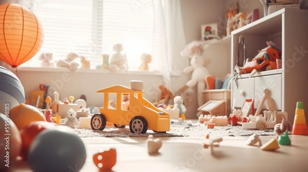 Fototapeta Interior of childrens room with kid toys. Presentation for background. Generative Ai