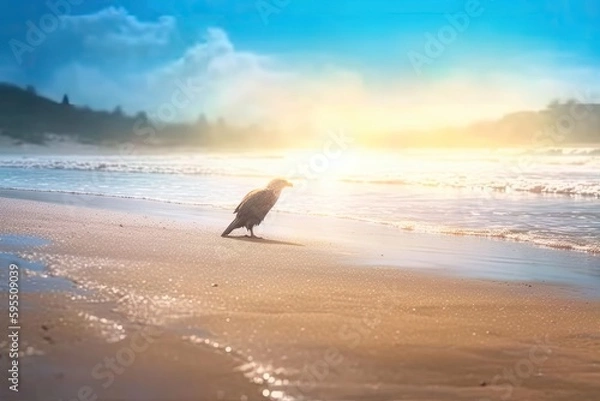 Fototapeta Natural blurred defocused background for summer vacation. Tropical summer beach nature with sunshine. Light sandy beaches, the sea glistening against the blue sky. Generative AI.