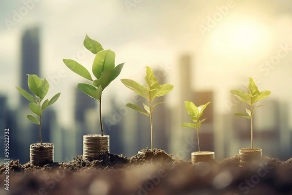 Fototapeta Coins in soil with young plant. Finance And Investment, Money growth concept. Sustainable green energy concept. Generative AI