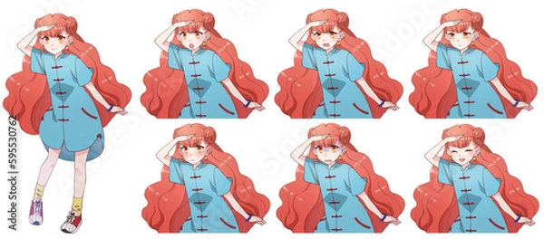 Obraz チャイナ風ファッションの活発そうな女の子、表情セット