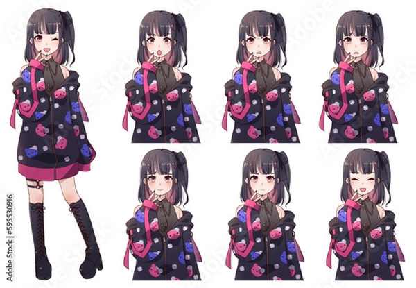 Obraz 地雷系ファッションの若い女の子の全身立ち絵、表情セット