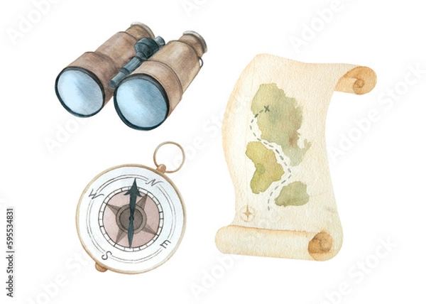 Obraz Watercolor illustration of childrens set of travel attributes. Binoculars, compass, map, vintage paper scrool