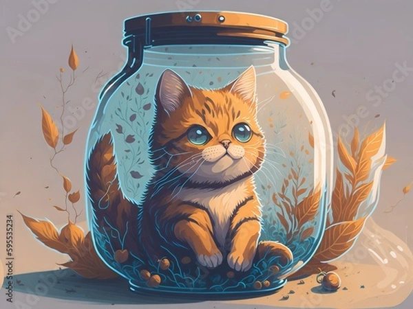 Obraz A curious feline peeks out from a glass jar, its fluffy fur and bright eyes contrasting with the transparent container.
