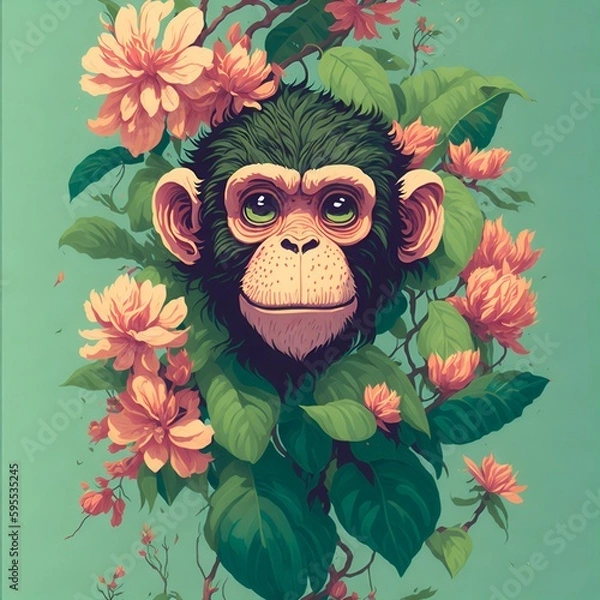 Obraz A playful monkey sits on a bed of colorful flowers, surrounded by lush greenery and a natural tropical setting