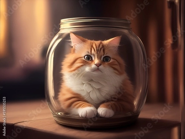 Fototapeta A curious feline peeks out from a glass jar, its fluffy fur and bright eyes contrasting with the transparent container.
