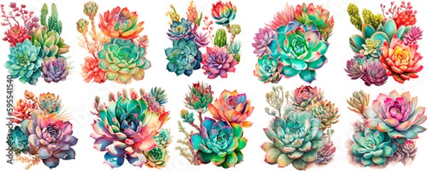 Fototapeta Set of Succulent arrangements, Watercolor botanical illustration, Generative AI 