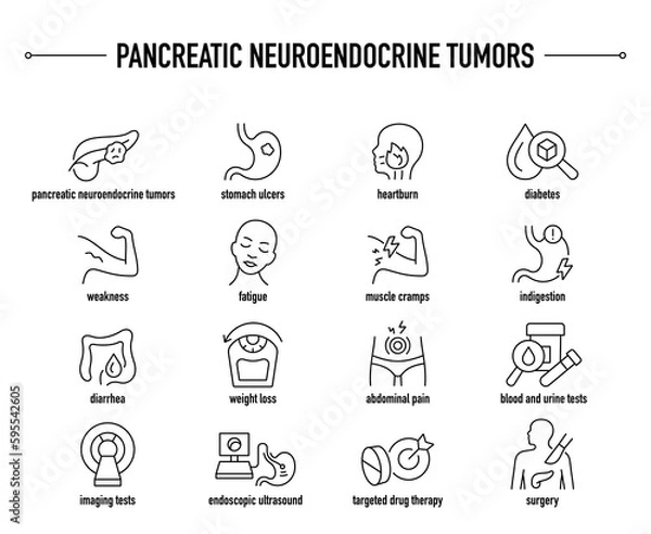 Obraz Pancreatic Neuroendocrine Tumors symptoms, diagnostic and treatment vector icon set. Line editable medical icons.