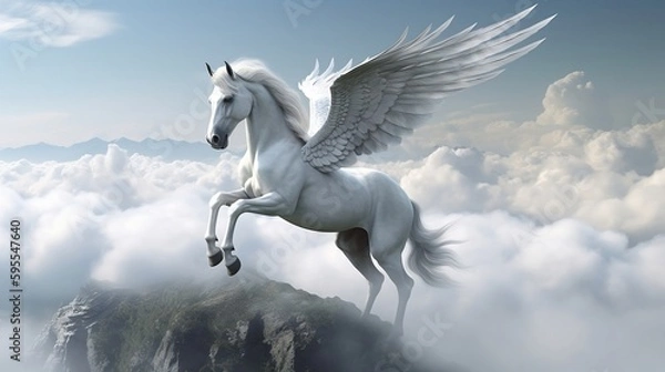 Obraz A white pegasus unicorn is perched on a cliff high above the clouds. Generative AI