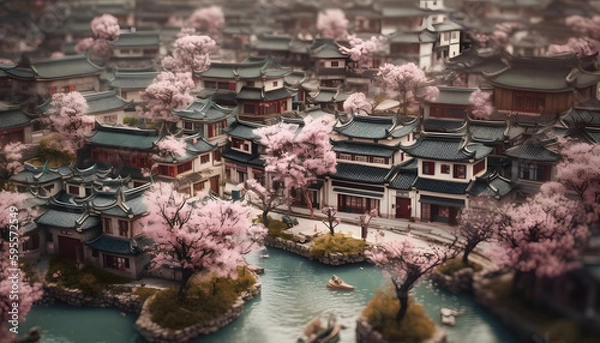 Fototapeta little town with generative ai technology