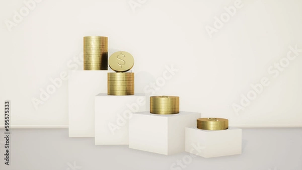 Obraz Abstract 3D products display podium showcase for scene with geometric shape. 3d rendering gold coins is saving on white stage concept. Lighting in luxury white and gold studio in lighting and shadow.