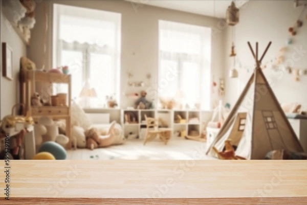Fototapeta Empty wood table over blur background of childrens room with kid toys. Product display presentation