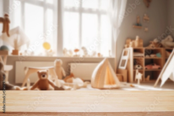 Fototapeta Wooden table free space over blur background of childrens room with kid toys. Product display presentation