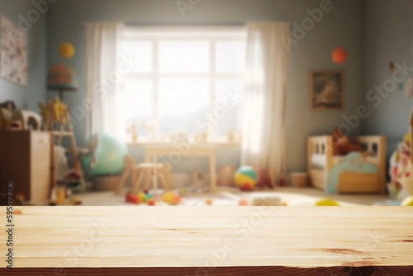 Fototapeta Wooden table free space over blur background of childrens room with kid toys. Product display presentation