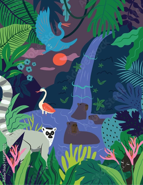 Obraz Nature jungle, animals and tropics. Vector illustrations of animals, flowers and textures. Drawings for poster, background and cover.