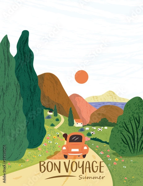 Fototapeta Vector illustration of a summer and spring landscape, mountains, trees, forest, houses and a village.