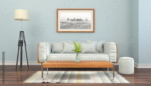 Obraz Illustration - Skandinavisches, nordisches Wohnzimmer mit einer Couch, Tisch, Teppich, Wandbild und einer Lampe  - Textfreiraum - Platzhalter