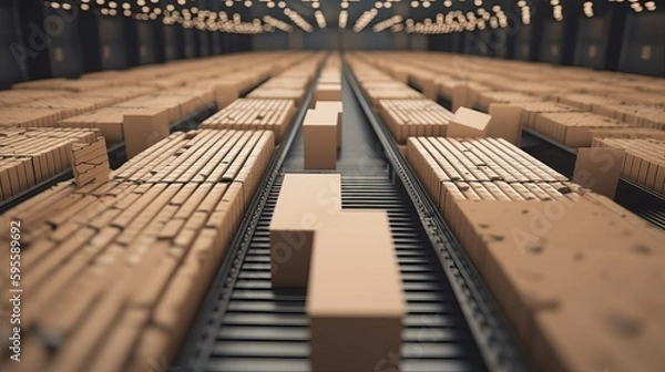 Fototapeta Cardboard boxes on conveyor rollers ready to be shipped by courier for distribution