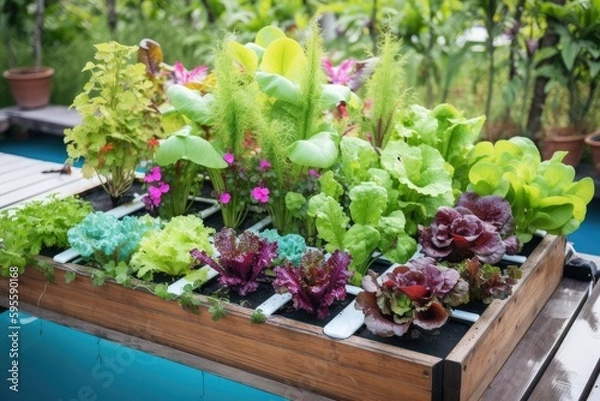 Fototapeta hydroponic garden with a variety of colorful flowering plants, created with generative ai