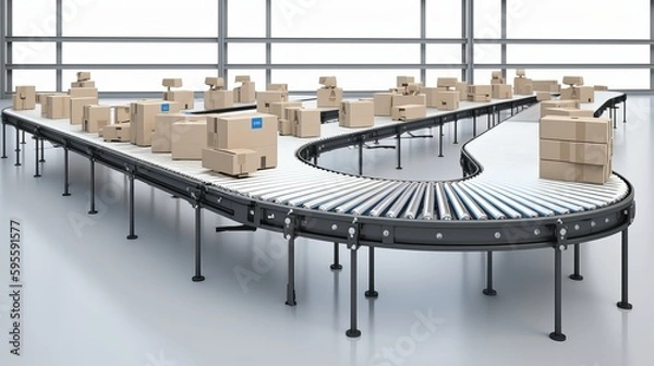 Fototapeta Cardboard boxes on conveyor rollers ready to be shipped by courier for distribution	