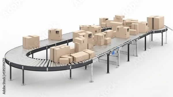 Fototapeta Cardboard boxes on conveyor rollers ready to be shipped by courier for distribution