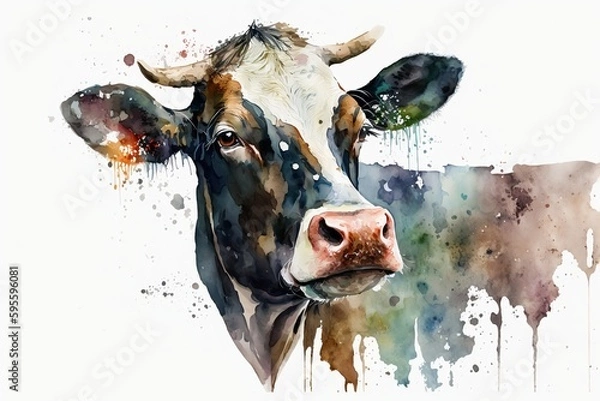 Obraz Watercolor cow illustration white background,Generative AI