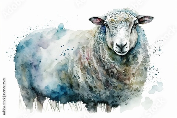 Obraz Watercolor sheep illustration white background,Generative AI