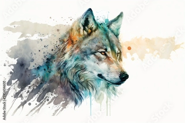 Obraz Akwarela White Wolf ilustracja białe tło, generatywny AI