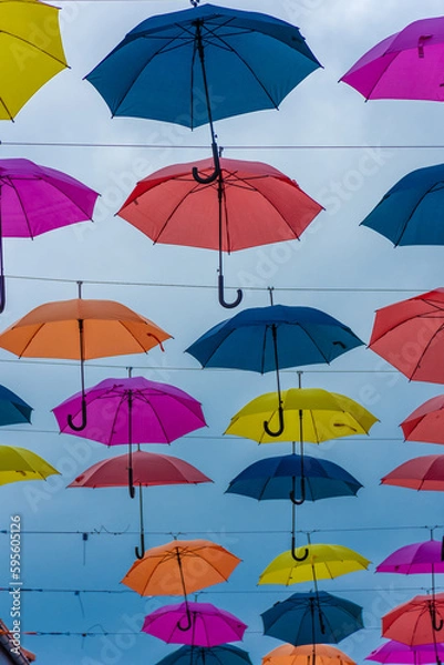 Fototapeta Colorful umbrellas in the city  center of Trondheim, Norway