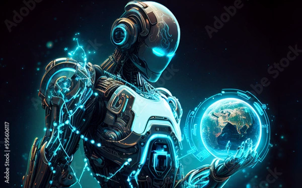 Fototapeta AI Artificial intelligence humanoid with Blue vibrant neon holding planet Earth on hand, Artificial Intelligence technology disruption concept