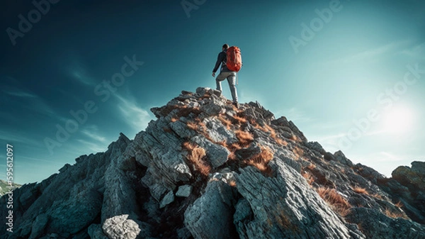 Fototapeta Goal to success for level up with person climbing on route slope to mountain peak.human performance limit concepts.growth mindset and motivation.generative ai technology