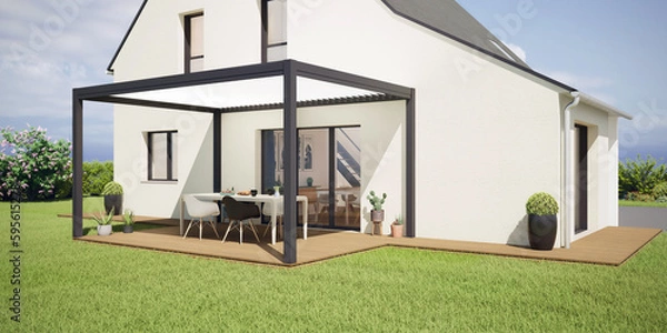 Fototapeta Pergola bioclimatique autoportée, à lames orientables, sur terrasse en bois avec vue sur jardin verdoyant, rendu 3d