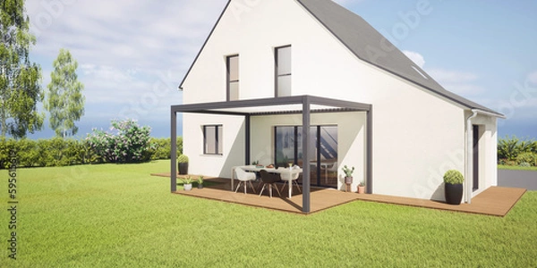 Fototapeta Pergola bioclimatique autoportée, à lames orientables, sur terrasse en bois avec vue sur jardin verdoyant, rendu 3d