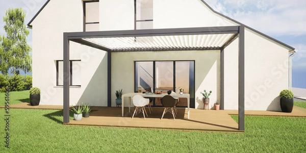 Fototapeta Pergola bioclimatique autoportée, à lames orientables, sur terrasse en bois avec vue sur jardin verdoyant, rendu 3d